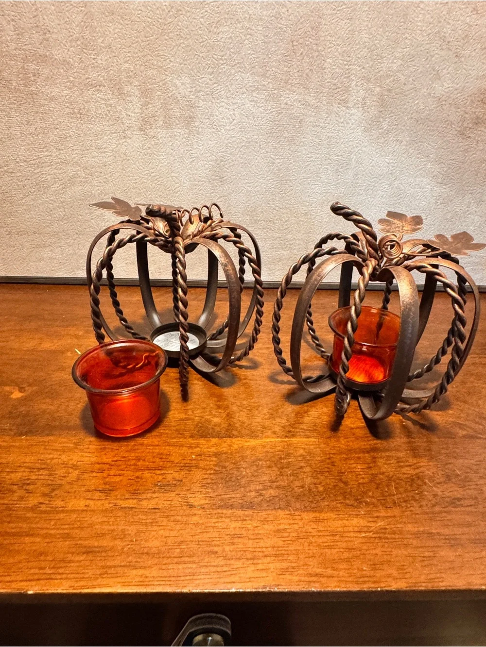 Pier 1 Home Accents- Decorative Pumpkin Votive Holders with Amber Glass